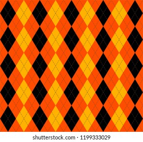 Halloween Argyle plaid. Scottish pattern in orange, black and yellow rhombuses. Scottish cage. Traditional Scottish background of diamonds . Seamless fabric texture. Vector illustration