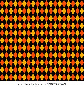 Halloween Argyle plaid. Scottish pattern in orange, black and yellow rhombuses. Scottish cage. Traditional Scottish background of diamonds . Seamless fabric texture. Vector illustration