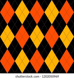Halloween Argyle plaid. Scottish pattern in orange, black and yellow rhombuses. Scottish cage. Traditional Scottish background of diamonds . Seamless fabric texture. Vector illustration