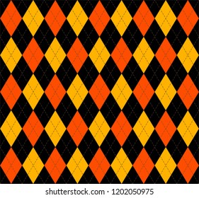 Halloween Argyle plaid. Scottish pattern in orange, black and yellow rhombuses. Scottish cage. Traditional Scottish background of diamonds . Seamless fabric texture. Vector illustration