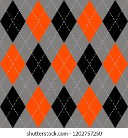 Halloween Argyle plaid. Scottish pattern in orange, black and grey rhombuses. Scottish cage. Traditional Scottish background of diamonds . Seamless fabric texture. Vector illustration