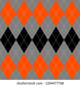 Halloween Argyle plaid. Scottish pattern in orange, black and grey rhombuses. Scottish cage. Traditional Scottish background of diamonds . Seamless fabric texture. Vector illustration