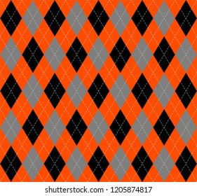 Halloween Argyle plaid. Scottish pattern in orange, black and grey rhombuses. Scottish cage. Traditional Scottish background of diamonds . Fabric texture. Vector illustration