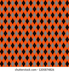 Halloween Argyle plaid. Scottish pattern in orange, black and grey rhombuses. Scottish cage. Traditional Scottish background of diamonds . Fabric texture. Vector illustration