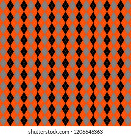 Halloween Argyle plaid. Scottish pattern in orange, black and grey rhombuses. Scottish cage. Traditional Scottish background of diamonds . Seamless fabric texture. Vector illustration