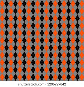 Halloween Argyle plaid. Scottish pattern in orange, black and grey rhombuses. Scottish cage. Traditional Scottish background of diamonds . Seamless fabric texture. Vector illustration