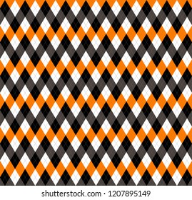 Halloween Argyle plaid. Scottish pattern in orange, black, white and grey rhombuses. Scottish cage. Traditional Scottish background of diamonds . Seamless fabric texture. Vector illustration