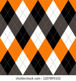 Halloween Argyle plaid. Scottish pattern in orange, black, white and grey rhombuses. Scottish cage. Traditional Scottish background of diamonds . Seamless fabric texture. Vector illustration