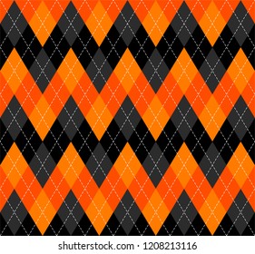 Halloween Argyle plaid. Scottish pattern in orange, black and grey rhombuses. Scottish cage. Traditional Scottish background of diamonds . Seamless fabric texture. Vector illustration