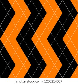 Halloween Argyle plaid. Scottish pattern in orange, black and grey rhombuses. Scottish cage. Traditional Scottish background of diamonds . Seamless fabric texture. Vector illustration