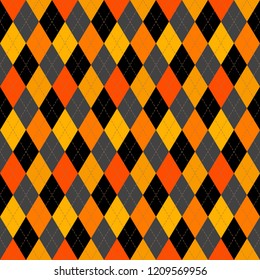 Halloween Argyle plaid. Scottish pattern in orange, black and grey rhombuses. Scottish cage. Traditional Scottish background of diamonds . Seamless fabric texture. Vector illustration