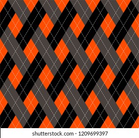 Halloween Argyle plaid. Scottish pattern in orange, black and grey rhombuses. Scottish cage. Traditional Scottish background of diamonds . Seamless fabric texture. Vector illustration