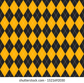 Halloween Argyle plaid. Scottish pattern in orange and black  rhombuses. Scottish cage. Traditional Scottish background of diamonds . Seamless fabric texture. Vector illustration