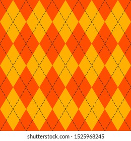 Halloween Argyle plaid. Scottish pattern in orange and yellow  rhombuses. Scottish cage. Traditional Scottish background of diamonds . Seamless fabric texture. Vector illustration
