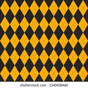 Halloween Argyle plaid. Scottish pattern in yellow and black rhombuses. Scottish cage. Traditional Scottish background of diamonds . Seamless fabric texture. Vector illustration