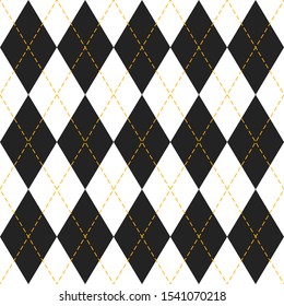 Halloween Argyle plaid. Scottish pattern in white and black rhombuses. Scottish cage. Traditional Scottish background of diamonds . Seamless fabric texture. Vector illustration