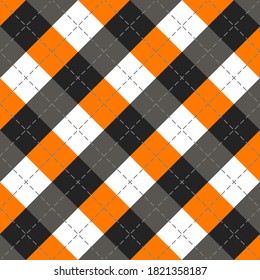 Dorada de Halloween Argyle. Patrón escocés en rombos naranja, negro, blanco y gris. Jaula escocesa. Antecedentes tradicionales escoceses de diamantes. Textura de tela sin fisuras. Ilustración del vector