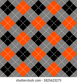 Halloween Argyle plaid. Scottish pattern in orange, black and gray rhombuses. Scottish cage. Traditional Scottish background of diamonds. Seamless fabric texture. Vector illustration