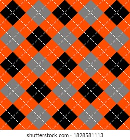Dorada de Halloween Argyle. Patrón escocés en rombos naranja, negro y gris. Jaula escocesa. Antecedentes tradicionales escoceses de diamantes. Textura de tela sin fisuras. Ilustración del vector