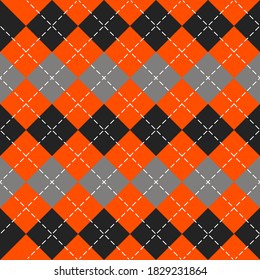 Halloween Argyle plaid. Schottisches Muster in orangefarbenen, schwarz-grauen Hombussen. Schottischer Käfig. Traditioneller schottischer Hintergrund von Diamanten. Nahtlose Textur. Vektorgrafik