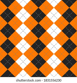 Halloween Argyle plaid. Schottisches Muster in orangefarbenen, schwarz-weißen Hombussen. Schottischer Käfig. Traditioneller schottischer Hintergrund von Diamanten. Nahtlose Textur. Vektorgrafik