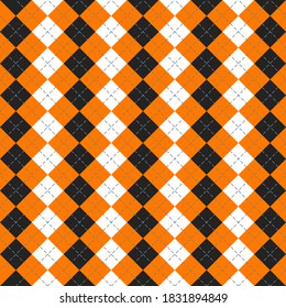Halloween Argyle plaid. Schottisches Muster in orangefarbenen, schwarz-weißen Hombussen. Schottischer Käfig. Traditioneller schottischer Hintergrund von Diamanten. Nahtlose Textur. Vektorgrafik
