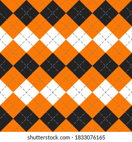 Dorada de Halloween Argyle. Patrón escocés en rombos naranja, negro y gris. Jaula escocesa. Antecedentes tradicionales escoceses de diamantes. Textura de tela sin fisuras. Ilustración del vector