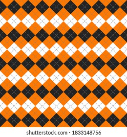 Halloween Argyle plaid. Scottish pattern in orange, black and gray rhombuses. Scottish cage. Traditional Scottish background of diamonds. Seamless fabric texture. Vector illustration