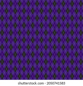 Halloween Argyle plaid. Scottish pattern in black and violet rhombuses. Scottish cage. Traditional Scottish background of diamonds. Seamless fabric texture. Vector illustration