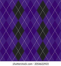 Halloween Argyle plaid. Scottish pattern in black and violet rhombuses. Scottish cage. Traditional Scottish background of diamonds. Seamless fabric texture. Vector illustration