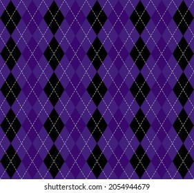 Halloween Argyle plaid. Scottish pattern in black and violet rhombuses. Scottish cage. Traditional Scottish background of diamonds. Seamless fabric texture. Vector illustration