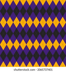 Halloween Argyle plaid. Scottish pattern in black, orange and violet rhombuses. Scottish cage. Traditional Scottish background of diamonds. Seamless fabric texture. Vector illustration