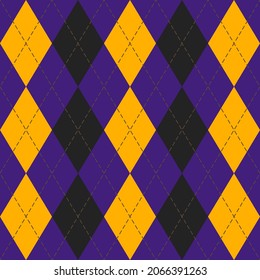 Halloween Argyle plaid. Scottish pattern in black, orange and violet rhombuses. Scottish cage. Traditional Scottish background of diamonds. Seamless fabric texture. Vector illustration