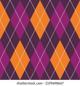 Halloween Argyle plaid seamless pattern in orange and violet rhombuses. Traditional Scottish background of diamonds. Vector illustration