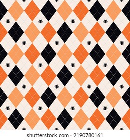 Halloween Argyle plaid with spider. Scottish pattern in orange and black. Seamless fabric texture. design for knitted garment such as sweaters, socks and all your creative project. Vector illustration