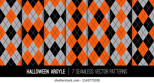 Halloween Argyle Seamless Vector Patterns in Orange, Black and Gray. Traditional Fall Fashion Textile Prints. Repeating Pattern Tile Swatches Included.