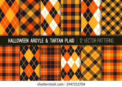 Halloween Argyle, Tartan and Gingham Plaid Vector Patterns in Orange, Black and White. Fall Color Preppy Fashion Prints. Vector Pattern Tile Swatches Included