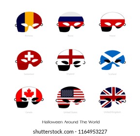 Halloween Around The World, Illustration Set of Country Flag Masks For Halloween Celebration Party.