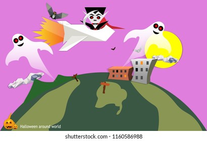 Halloween around the world vector, ghost and bat vector ,earth planet with house with moon cloudy background, vector art and illustration, polygon design, geometric and triangle shape. 
