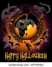 Halloween Around The World.Halloween in Europe, Asia, Africa. Happy Halloween card. Halloween background with house, cat, pumpkins, moon, witch, owl and bats.