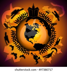 Halloween Around The World.Halloween in USA. Halloween in America. Halloween background. Scary house, crazy cat, bloody pumpkins, moon and clouds, ugly witch, owl on the tree and bats.