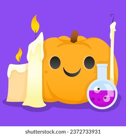 Halloween arrangement of pumpkin, candles and potion