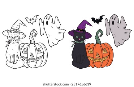 Halloween art with black cat in a violet witch hat, a carved pumpkin, a bat, and a ghost. Hand drawn vector sketch illustration in doodle engraved vintage line art style. Mystery horror coloring book