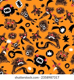 Halloween art seamless pattern with isolated funny monsters isolated on orange background. Vector illustration for holiday celebration, bright home decor, package, babys bedding, wallpaper, apparel
