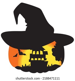 Halloween Art With Silhouette Of A Haunted House, Tree And Bats Inside The Outline Of A Pumpkin With Black Hat