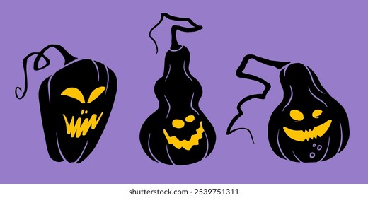 Arte de Halloween de três abstrato jack-o'-lanternas com rostos amarelos brilhantes brilhando em um pano de fundo roxo, ideal para convites temáticos misteriosos, decoração de férias ou embelezamentos da festa.