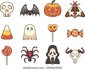 Elementos de Halloween con calabaza de cráneo, murciélago, calabaza de gato o linterna, polilla, caramelo de maíz, fantasma, caramelo de manzana caramelo, piruleta, araña, máscara de grito y cráneo de animal en color de esquema naranja