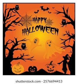 Halloween atmosphere with ghosts, pumpkins, bats, spooky trees, and glowing warm orange tones accompanied by the festive Happy Halloween message. Flat vector modern illustration 