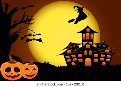 Halloween atmosphere with haunted house, full moon, pumpkin, graveyard, witch on the sweep, bats and horror landscape. Creepy vector illustration with spooky details and Halloween frightful ellements.