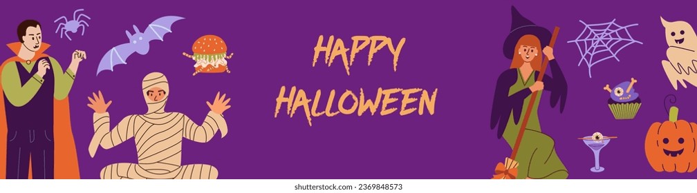Halloween atmosphere Horizontal long banner witch scary carnival clothing. Happy people at masquerade Halloween party.
